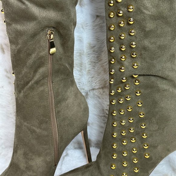So Me Olive Army Green Gold Stud Thigh High Heel Boots - Picture 3 of 7